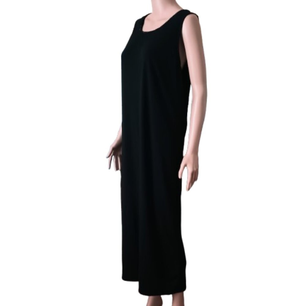 David Rose Black Sleeveless Evening Dress 18W Vtg Beaded Neck Trim Slit Back
